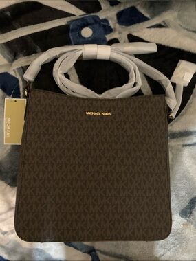 Michael Kors Dark Brown Signature Messenger Bag with Gold Logo